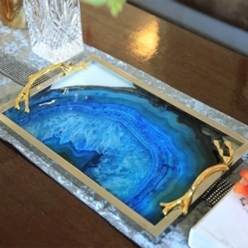 European Blue Agate Stone Pattern Rectangular Tray Decoration Home Living Room Coffee Table Storage Bed Decorations | Дом и сад