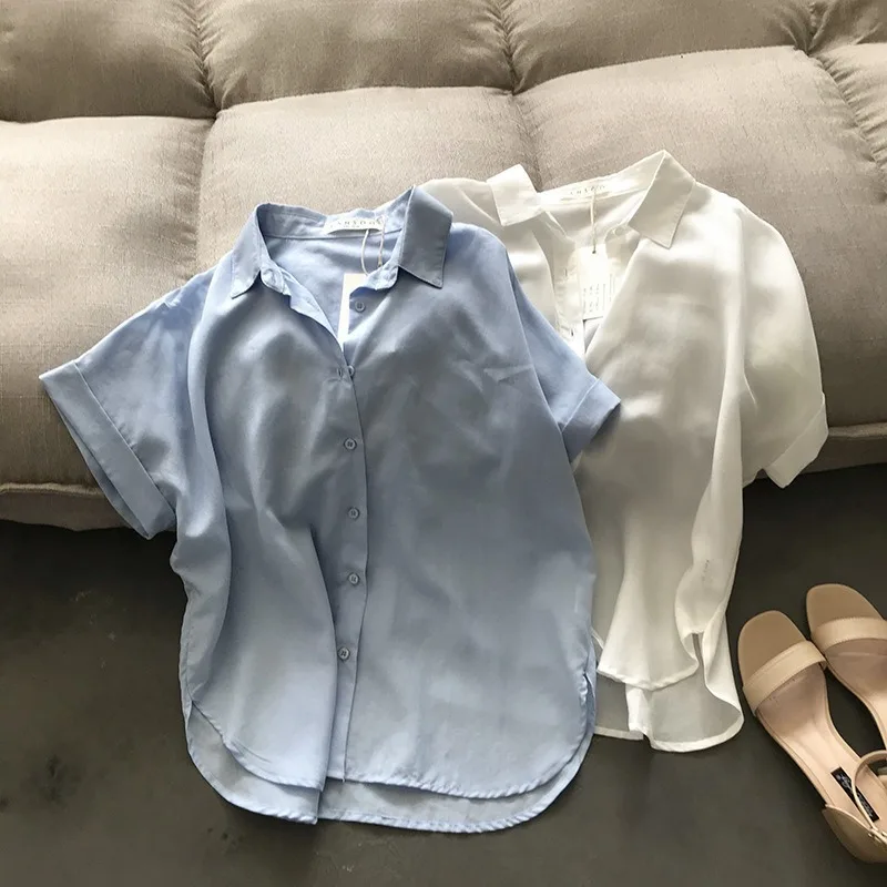 

2020 Summer Women Blouses Turn Down Collar Short Sleeve Shirts Casual Linen Tops For Women Korean Style