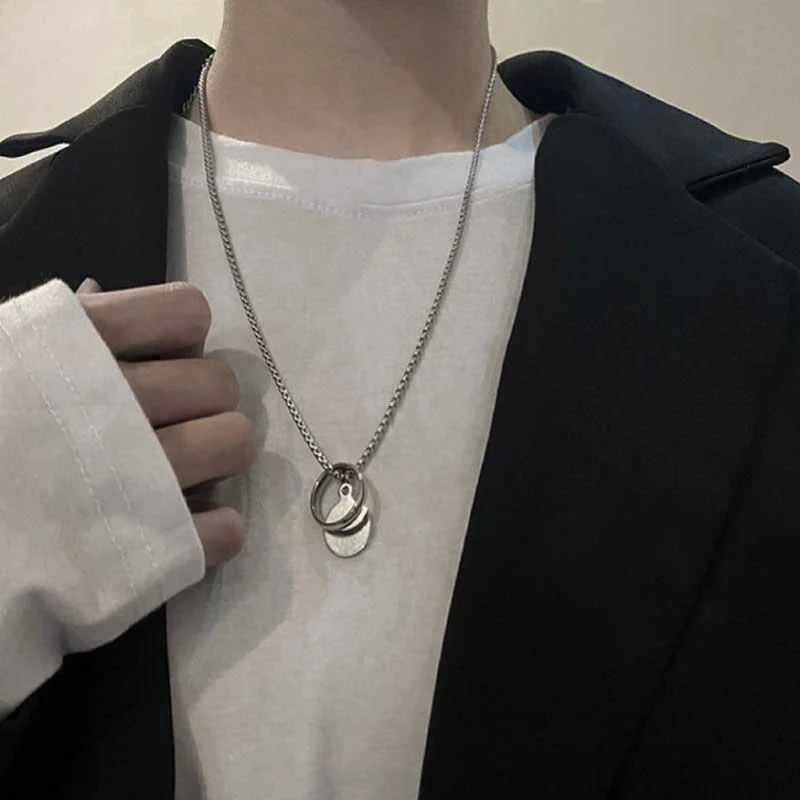 

New Fashion Personality Disc Circle Pendant Necklace Hip Hop Punk Cool and Handsome Geometric Design Couple Clavicle Chain