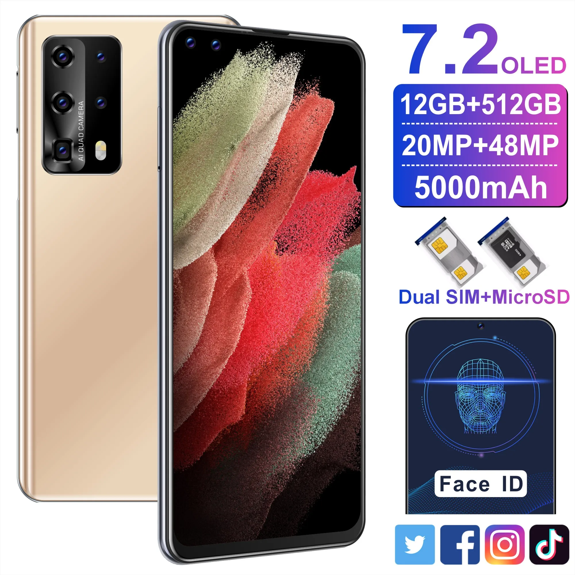 

Global Version P49 Pro 7.2 Inch Side Fingerprint Unlock 12GB RAM 512GB ROM Smart Phones 20+48MP 5000mAh 10 Core MTK6889 Celular