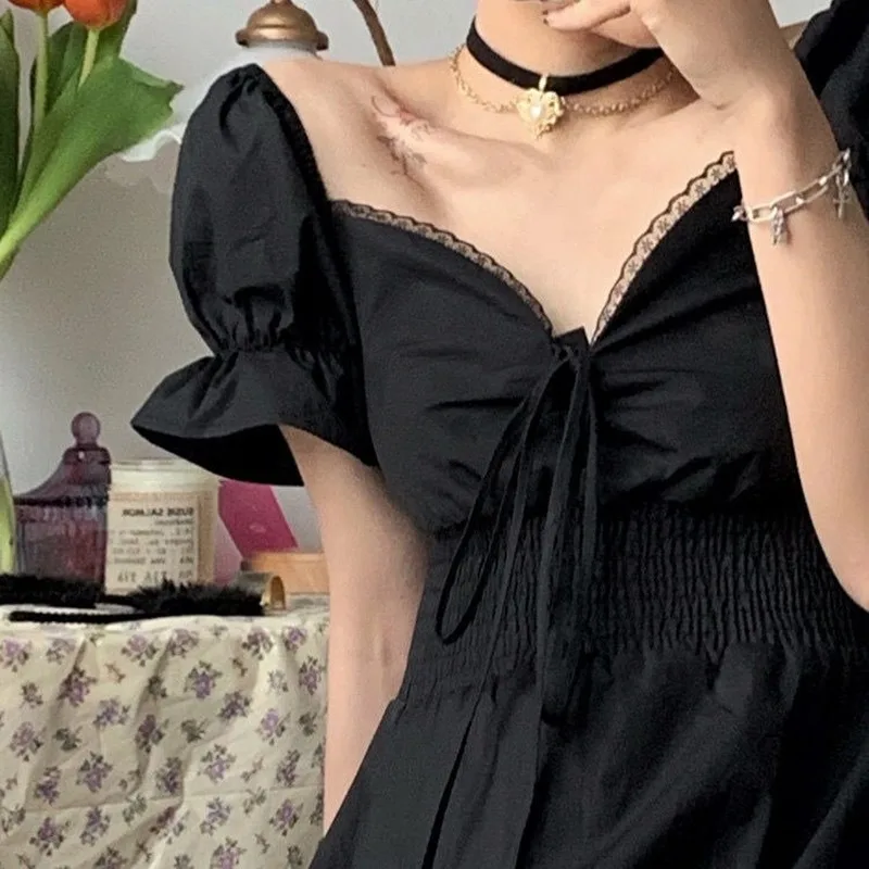 

QWEEK Puff Sleeve Dress Women Off Soulder Black Mini Dress 2021 Spring Korean Fashion Bandage Wrap Ruched Lace-up Sexy Dress