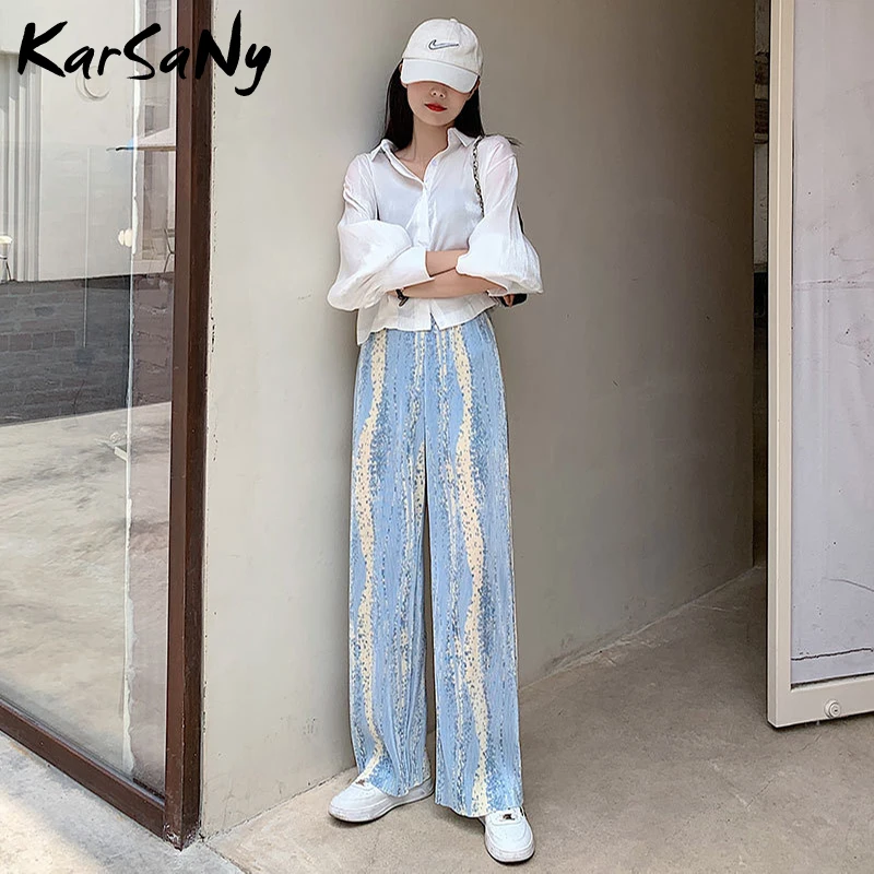 

KarSaNy Summer Tie Dye Pants For Women 2021 Black Loose Straight Trousers High Waist Casual Wide Leg Pants For Women Office New