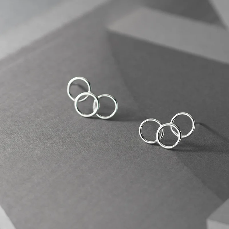 

100% Real 925 Sterling Silver Simple Geometric Stud Earrings Hollow Circles Earring for Women Girls