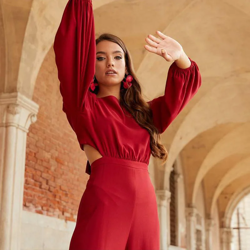 

Женский однотонный повседневный комбинезон, комбинезон с круглым вырезом и длинным рукавом, офисные комбинезоны, Осенний комбинезон, женск...