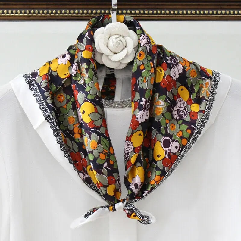 

100% Silk Scarf Shiny Bandana Women Vintage Colorful Flowers Print Neckerchief Headscarf Stylish Hairband 53*53cm