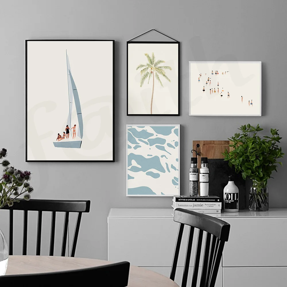 

Nordic Plant Wall Art Canvas Painting Beach People Water Viewscape Art Poster Print Wall Picture for Living Room Home Decor