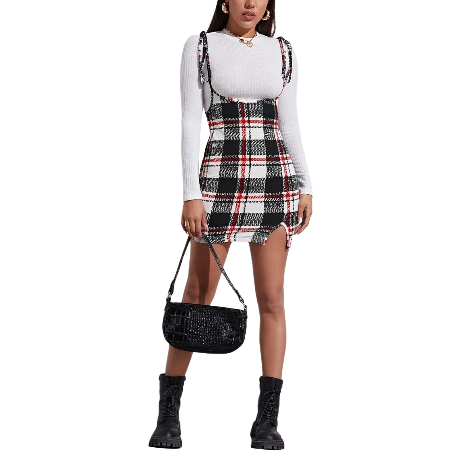 

2021 Fashion Sexy Women Ladies Hip Strap Mini Skirt Plaid Print Adjustable Thin Shoulder High Waist Multi-season Clothing