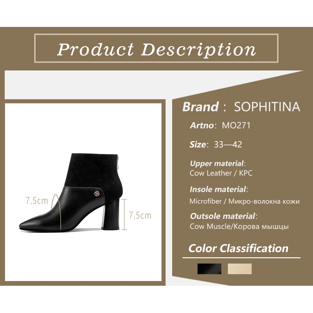 

SOPHITINA Handmade Women Boots High Quality Genuine Leather Handmade Square Heel Shoes Zipper 7.5 cm High Heel Lady Boots MO271