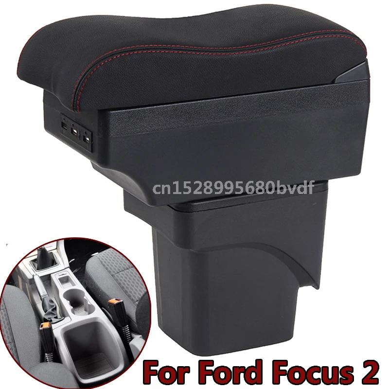 

Подлокотник для Ford Focus 2 Mk2 2005-2011, центральный ящик для хранения из искусственной кожи, подстаканник, USB-зарядка