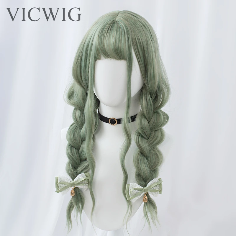 VICWIG Synthetic Hair Long Wavy Purple Green Black Blue Brown Cosplay Wig with Bangs for Women