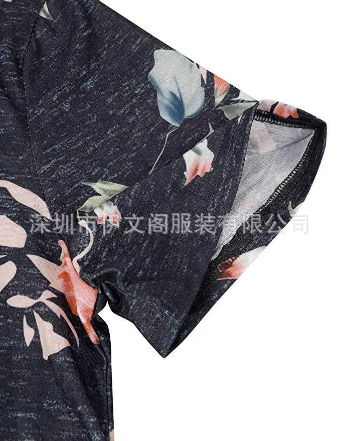 

2019 summer round neck floral asymmetric hem T-shirt