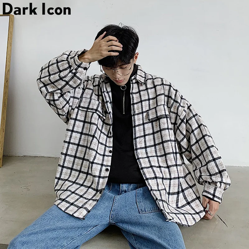 Темно-икона флисовые клетчатые уличные рубашки для мужчин рукав-фонарик новинка