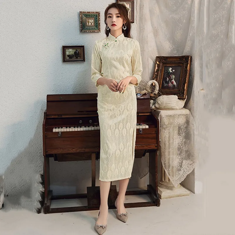 

Champagne Elegant Mandarin Collar Chinese Wedding Dress Women Sexy Slim 3/4 Sleeve Qipao M-4XL Exquisite Lace Novelty Cheongsam