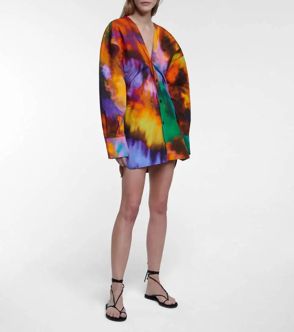 2021 new fashion female print female long-sleeved female shirt female color vacuum dyed V collar slim dress female