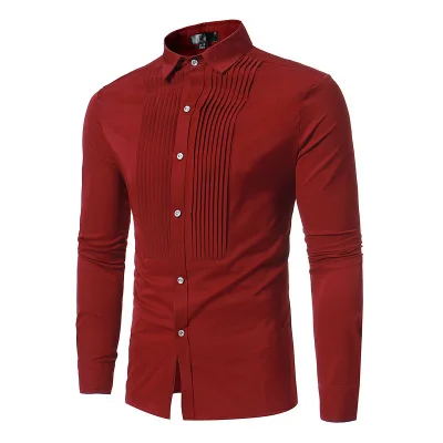

Men's Shirt Long-Sleeved Cotton Blended Single Breasted Turn Down Collar Solid Color Front Pleated Design Shirt Fit Men's Shirt