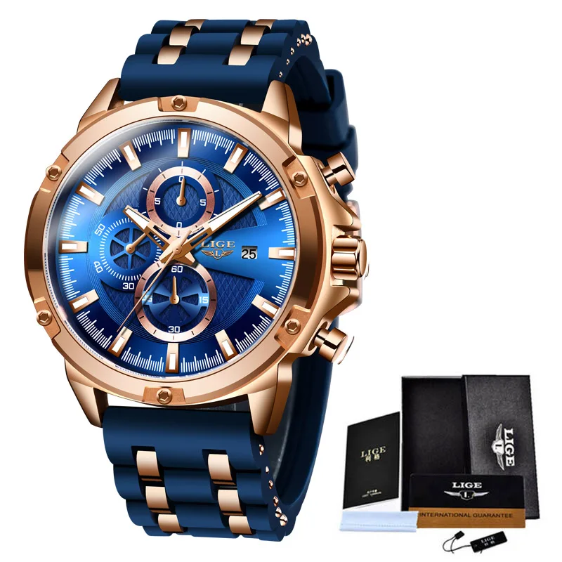 

2020 LIGE Casual Sport Watch Men Blue Top Brand Luxury Military Silicagel Wrist Watch Man Fashion Chronograph Relogio Masculino