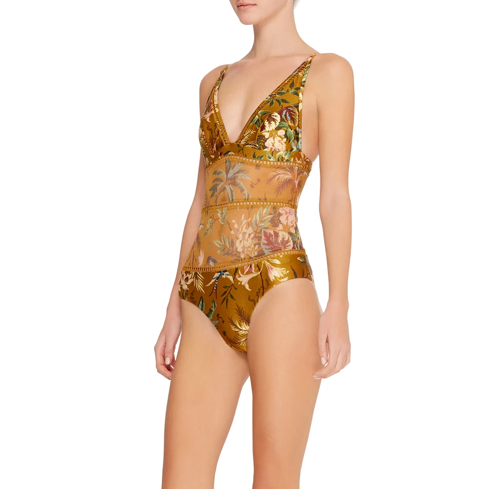 

One Piece V Neck Swimsuit Women Vintage Swimwear Sexy Lace Mesh Patchwork Momokini Beach Bathing Suit