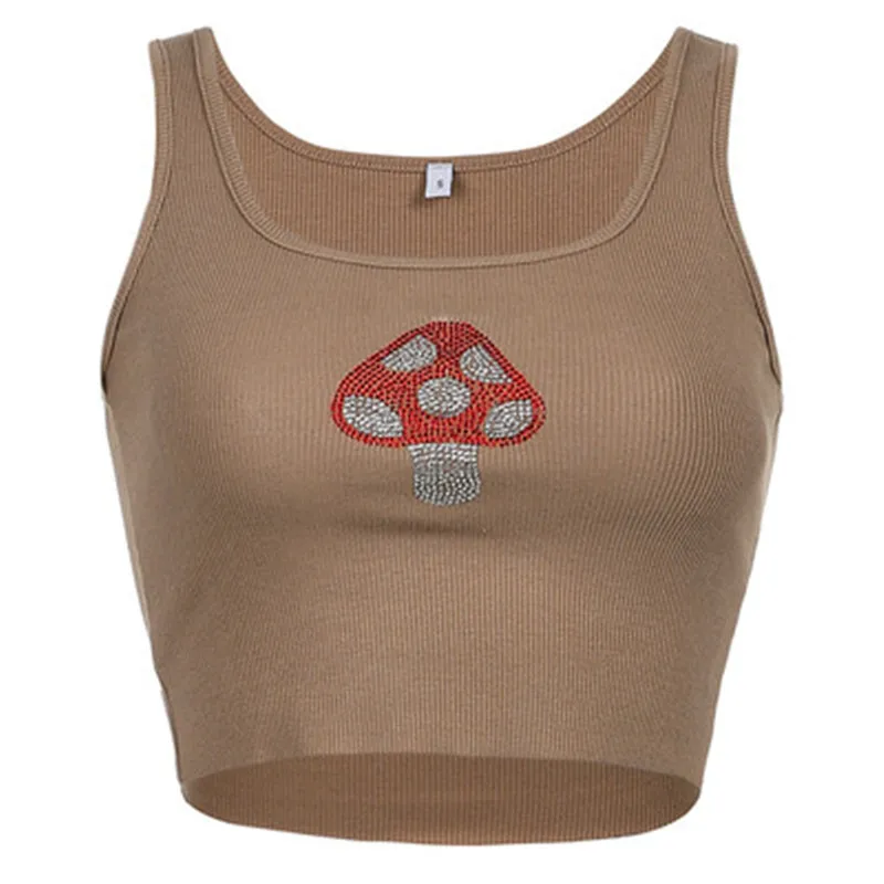 

Summer Diamond Straped Brown Tops Y2K Vintage U-neck Sleeveless Tank Top 90s Streetwear Outfits Slim Mushroom pattern