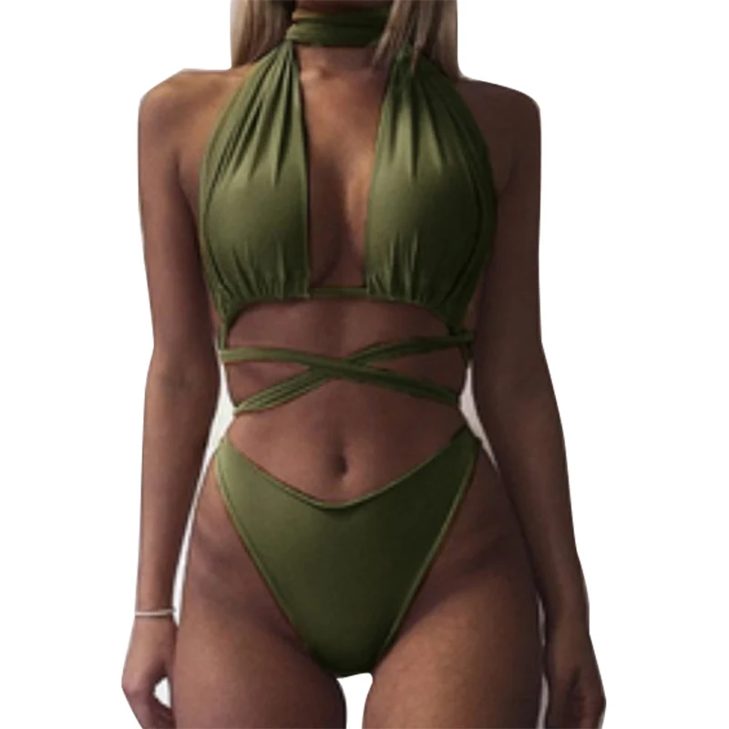 

Women Bandage Swimsuit Monokini Hollow Cut Bikini Push Up High Waist Swimwear LDF668