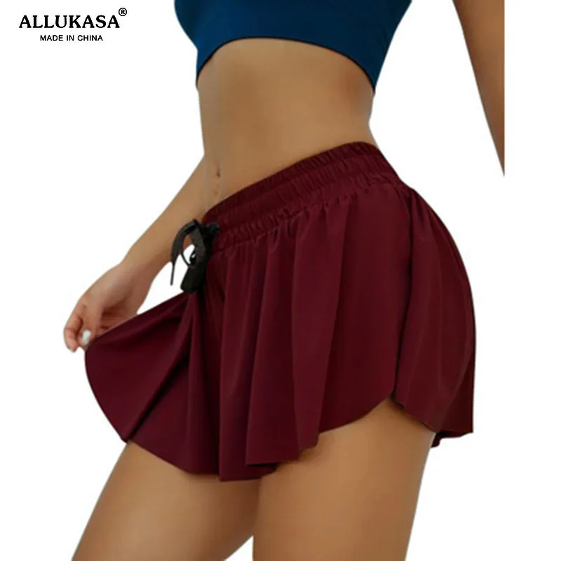 

allukasaHot Sale Summer Anti Light Fake Two Piece Women Shorts Casual Beach Mid Waist Solid Fashion Lace -Up Ruffle
