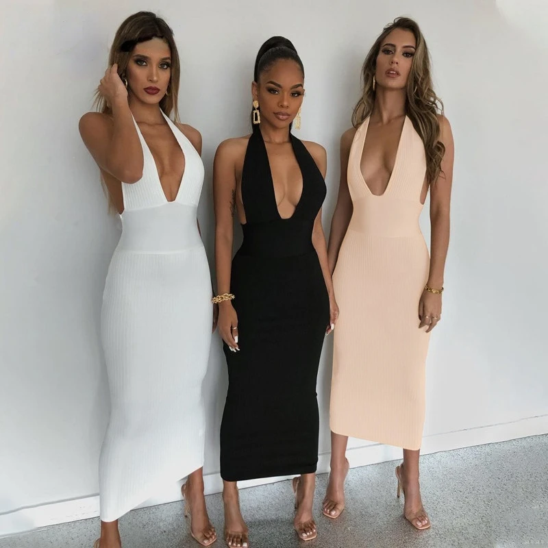 

Sexy Party Elegant Club 2021 Summer Club Dulzura Solid Ribbed Knitted Stripe Women Halter Midi Dress Backless Patchwork Bodycon