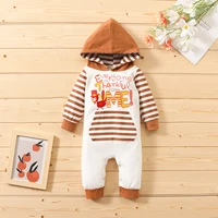newborn baby thanksgiving day jumpsuit baby hooded striped turkey letter print long sleeve romper