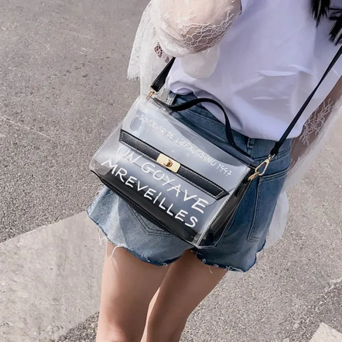 Women Composite Bags PVC Transparent Handbag Letters Printed PU Leather Purse Shoulder Bag-OPK