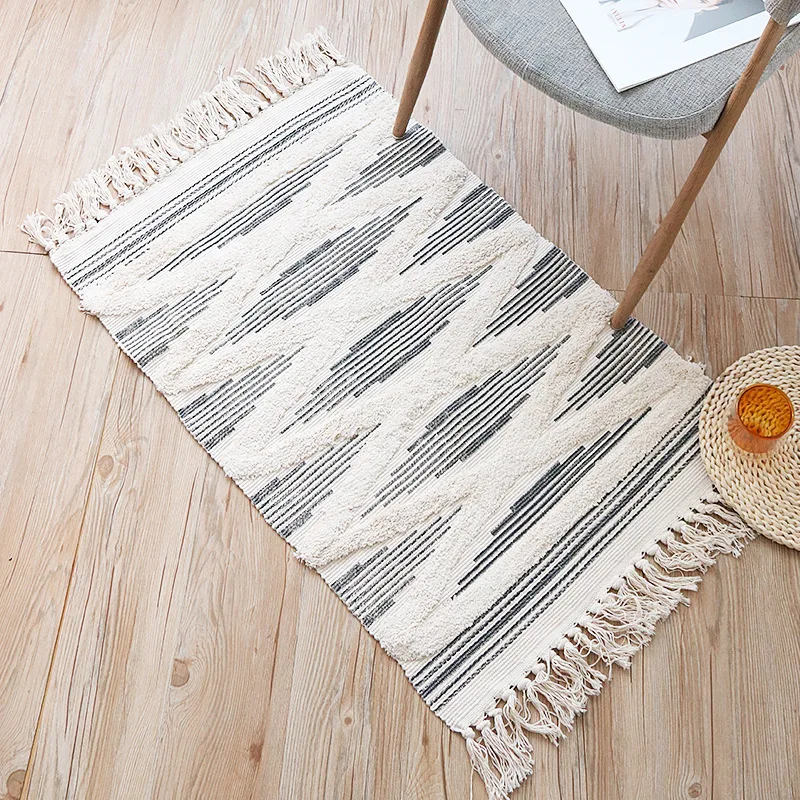 

Cotton and Linen Floor Mat Living Room Bedroom Bedside Mat Vintage Family Tassel Rug Washable Outdoor Decor Laundry