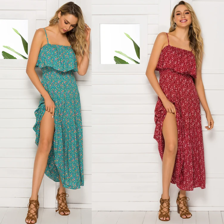 

Spring Women Ruffled Dresses Fashion Print Strap Short Sleeve Loose Mid Long Female Beach Dress