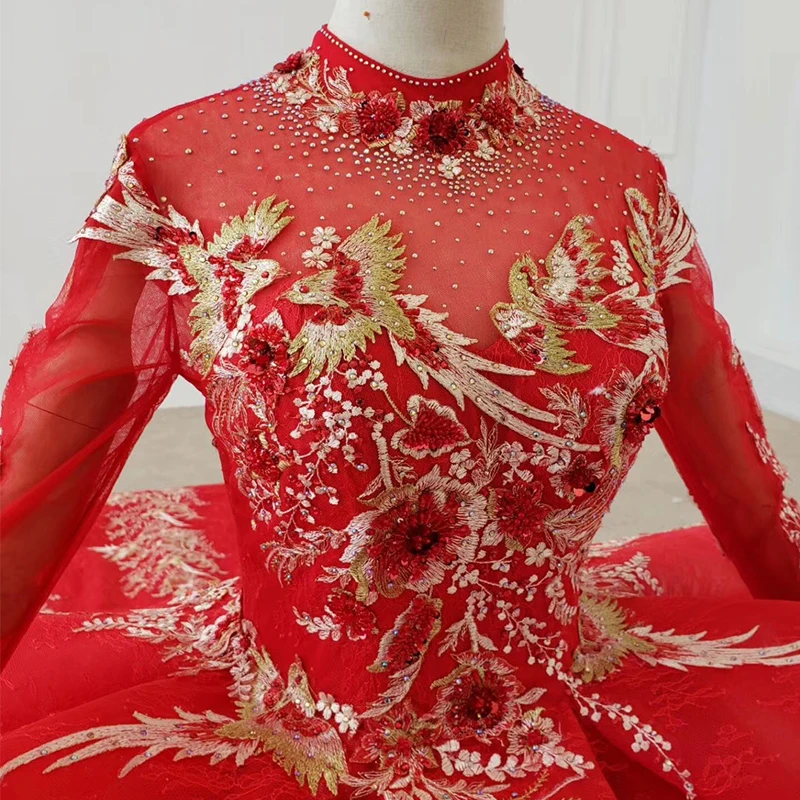 BGW HT41730 Peplum Wedding Dress Bird Applique Muslim Wedding Dress Red Lace Wedding Dress Pleat Wedding Gowns فستان زفاف