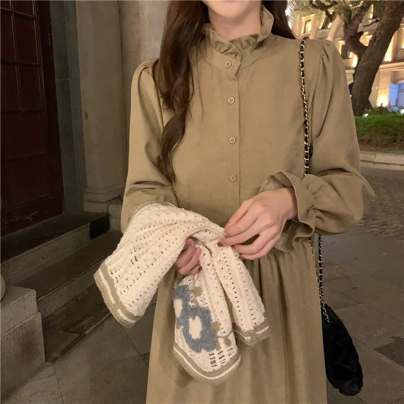 Цельнокроеное платье на раннюю весну и осень новинка 2021 платья миди пуговицах