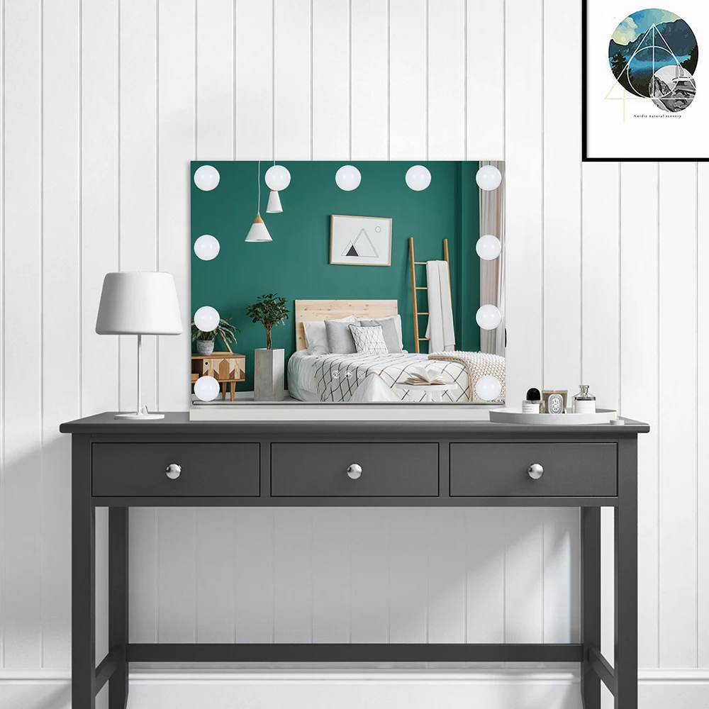 

Hollywood Desktop Mirror Cosmetic Mirror Touch Screen 13 Bulbs-White Square Base Bedroom Glass Decoration