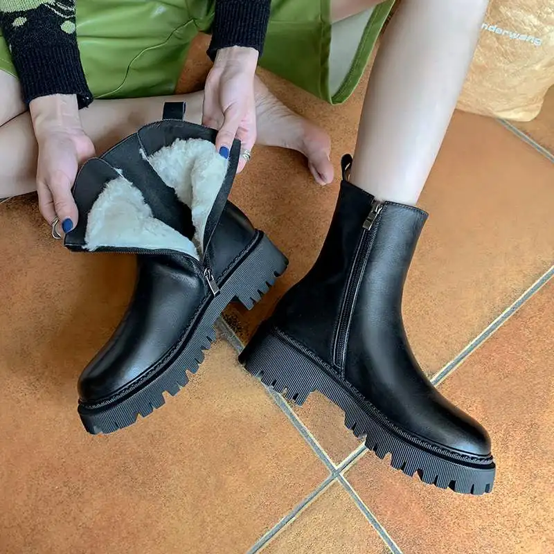 krazing <span style='filter: blur(2.5px);'>***</span> genuine leather snow boots keep warm wool round toe med heels natural fur cold resistance dating KPOP ankle boots