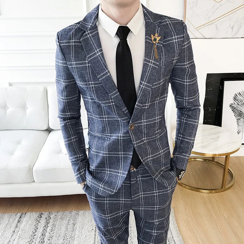 Костюм из двух частей (Блейзер + брюки) Осенняя Новая мужская мода с одной пряжкой