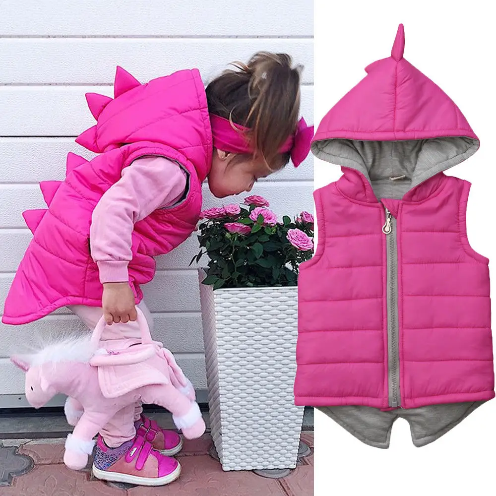 

Winter Warm Kids Baby Girl Dinosaur Cotton Padded Waistcoat Jacket Solid Sleeveless Hooded Outwear Zipper Vest 6M-5Y