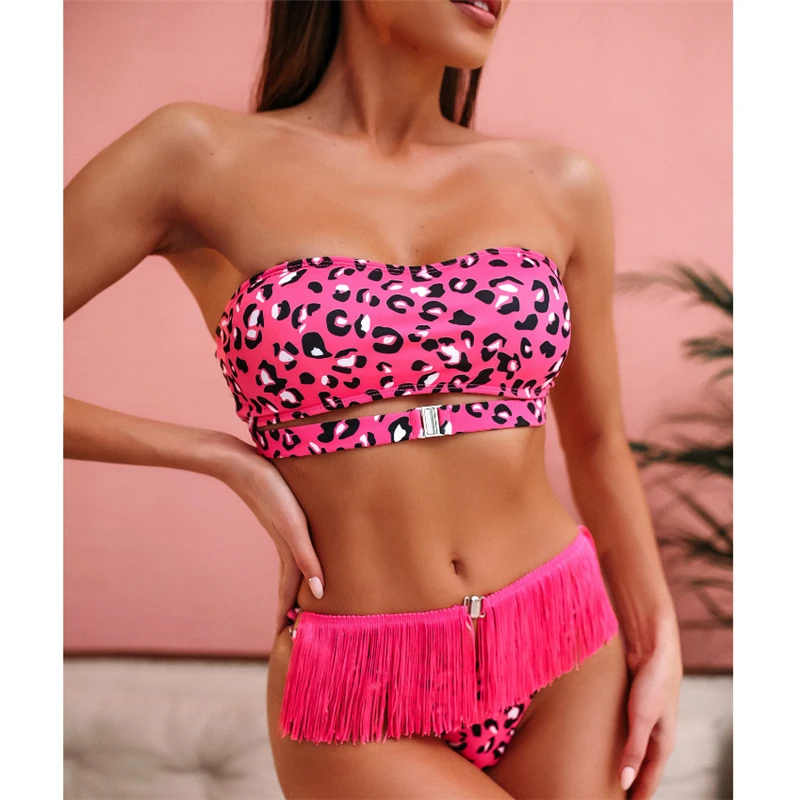 Женский леопардовый купальник GNIM бикини с пуш-апом и кисточками сексуальный