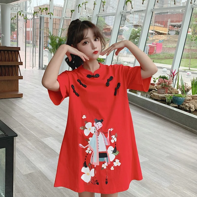 

Женское винтажное восточное платье Ципао, короткое свободное платье в китайском стиле для молодых девушек, лето 2021