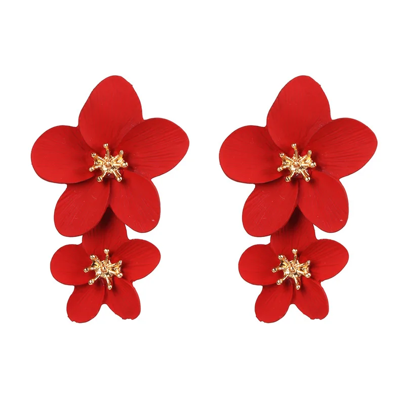 New Design Fashion Jewelry Elegant Big Double Flower Yellow Red Earrings Bohemian Style Beach Party Earring for Woman - Окраска металла: Red