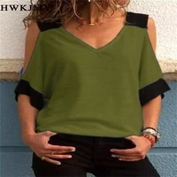 women summer v neck short sleeve shirts casual ladies cotton loose t shirts off shoulder lady pullovers tee xs 8xl