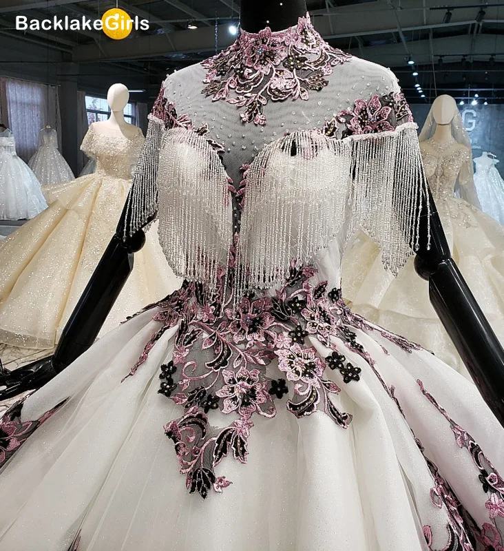 Бальное Платье Свадебные Платья с фиолетовой Иллюзия аппликации высоким воротом