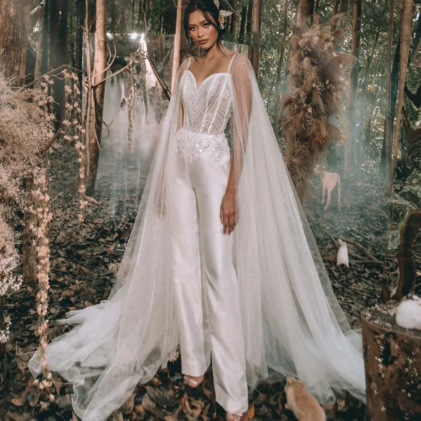

2021 Stunning Wedding Jumpsuit with Wrap Lace Appliqued Sequins A Line Beach Bridal Gowns Custom Made Vestidos De Novia