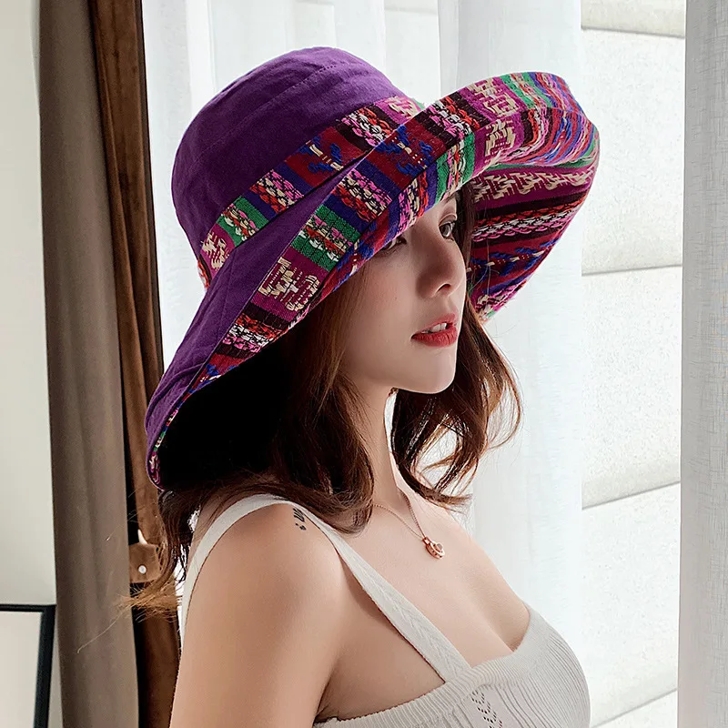 Cotton Bucket Hat ladies Sun Big Eaves Cover Face Fisherman Wild National Style Foldable Double-sided Sunscreen | Аксессуары для