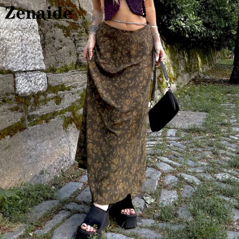 

Zenaide 2021 Autumn Winter Women Vintage Brown Midi Skirt Fair Grunge Fashion Sexy Floral Print Y2K Low Waist Long Skirts