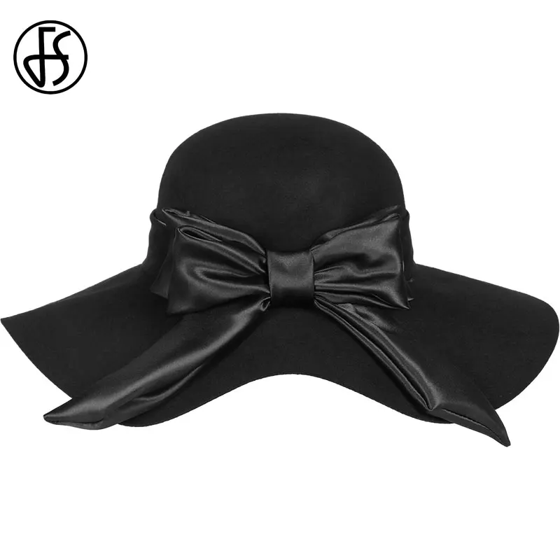FS Winter Wool Hats For Women Black Felt Wide Brim Fedora Hat Fashion Large Bowknot Top Church Cloche Cap Sombreros de mujer | Аксессуары