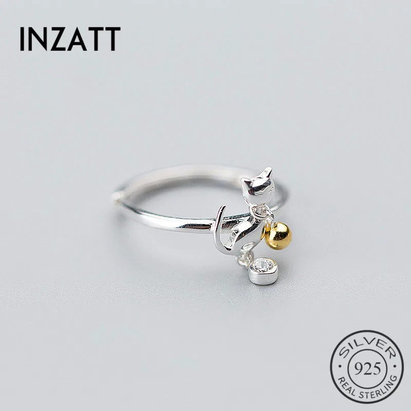 

INZATT Real 925 Sterling Silver Zircon cat Animal Adjustable Ring For Fashion Women Party Minimalist Fine Jewelry 2020 Cute Gift