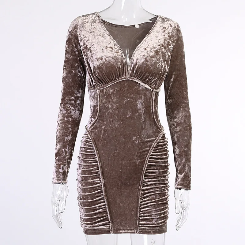 

WJFZQM Fall Winter Velvet Ruched Party Fashion Dress Evening Party Office Lady Dress Deep V-Neck Long Sleeve Bodycon Sexy Dress