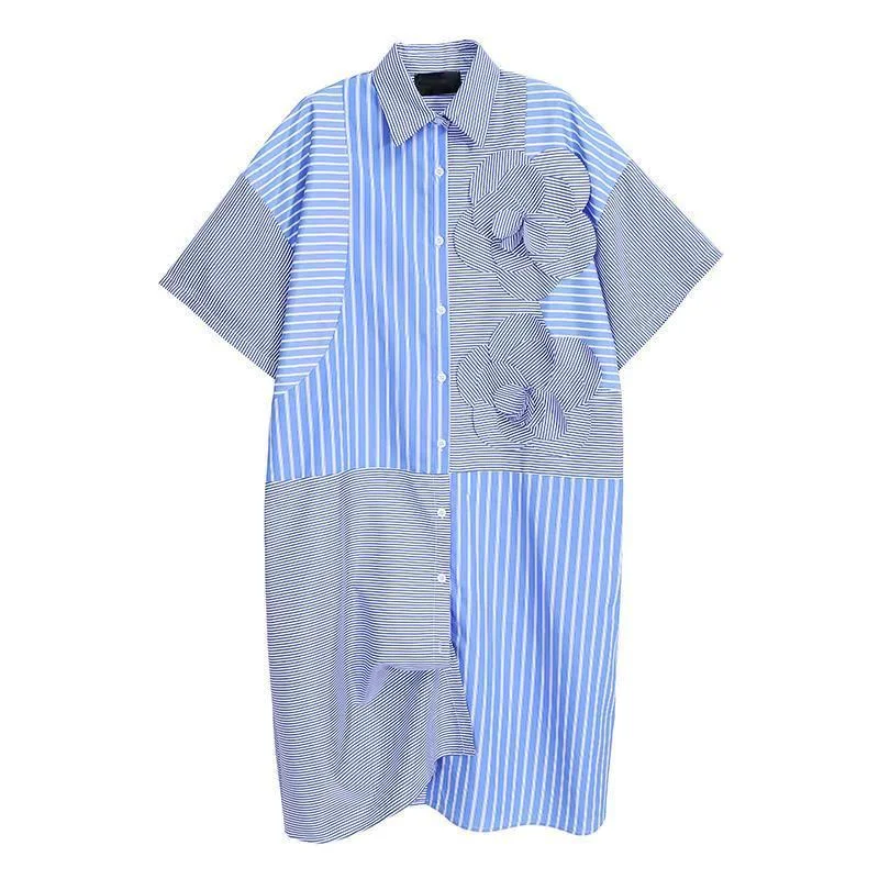 

Spring Summer Shirt Dress Woman Short Sleeve Flower Striped Loose Business Lady Dresses 2021 Nancylim