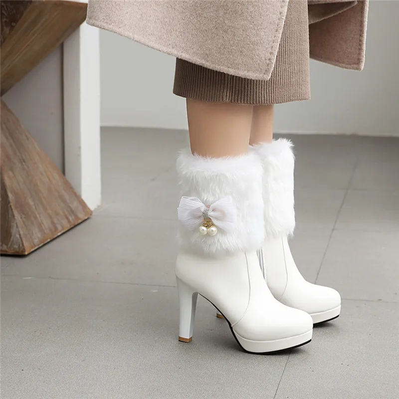 

Women Boots Autumn Winter Warm Fur 2021 New Sexy Fashion Pu Mid-calf Motorcycle Snow Boots Black Pink White High-heeled Shoes 42