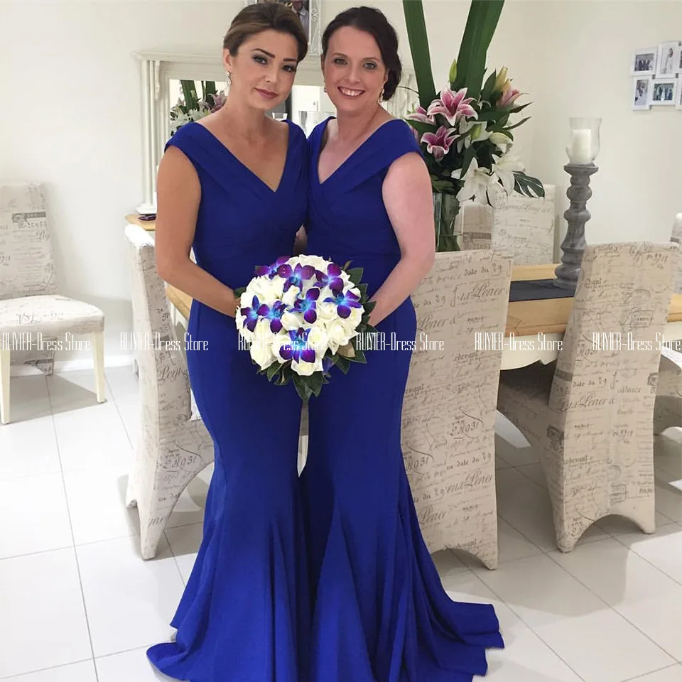 

Elegant V-neck Mermaid Bridesmaid Dresses Zipper Up Back Long Wedding Party Dress Blue Satin Vestidos De Fiesta