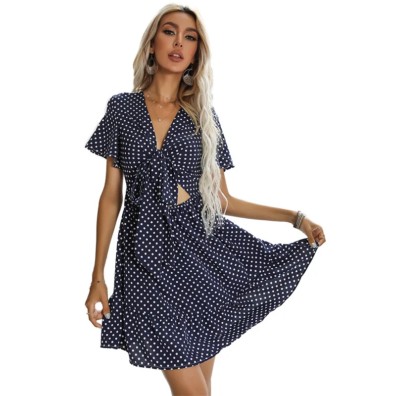 

Summer Chiffon Skirt Hollow Polka Dot Print Dress V-neck Lace Bowknot Short Skirt Slim Mid-waist Short Sleeve A-line Skirt